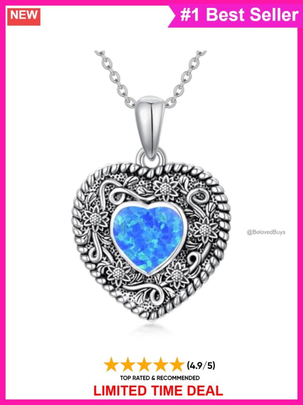 925 Sterling Silver Sunflower Heart Pendant Necklace Blue Opal Adjustable Chain